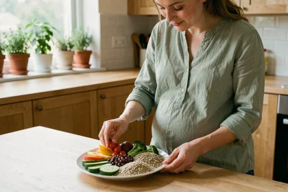 Femme enceinte préparant une assiette équilibrée avec légumes et céréales complètes pour prévenir le diabète gestationnel