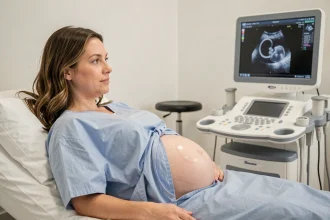 Femme enceinte lors d'une échographie obstétricale dans une salle de consultation médicale