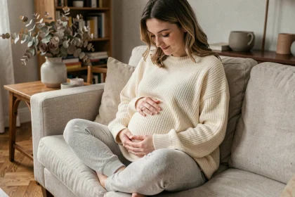 Jeune femme enceinte au premier trimestre tenant son ventre avec tendresse, assise sur un canapé en lin dans un salon cosy et chaleureux