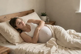 Femme enceinte au troisième trimestre dormant sur le côté avec un coussin de grossesse dans une chambre cosy