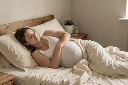 Femme enceinte au troisième trimestre dormant sur le côté avec un coussin de grossesse dans une chambre cosy