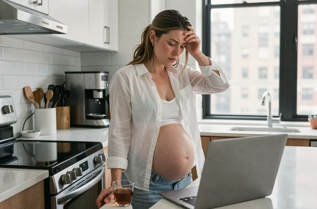 Femme enceinte debout dans une cuisine moderne, main sur la tempe devant un ordinateur portable, exprimant la fatigue et le stress