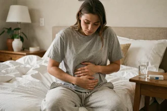 Femme souffrant d'endométriose assise sur son lit, les mains sur le ventre, exprimant la douleur et la fatigue au quotidien