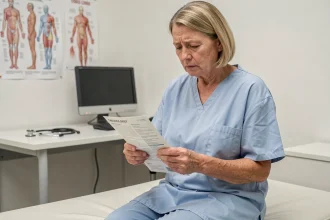 Femme d'âge moyen lisant une notice de médicament dans un cabinet médical, illustrant les effets indésirables du Puissance 1000