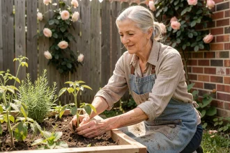 Femme de plus de soixante ans jardinage légumes potager bien-être mental santé senior