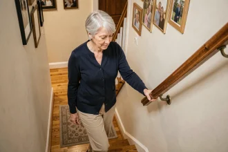 Femme de 60 ans tenant une main courante pour descendre un escalier en sécurité à domicile