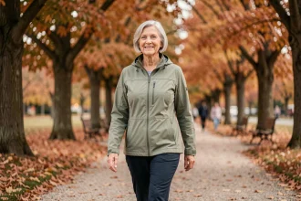 Femme de 70 ans marchant dans un parc en automne, illustrant les bienfaits de la marche quotidienne pour les seniors