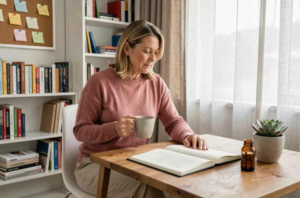 Femme en télétravail intégrant un complément anti-stress dans sa routine quotidienne avec journal et plante verte