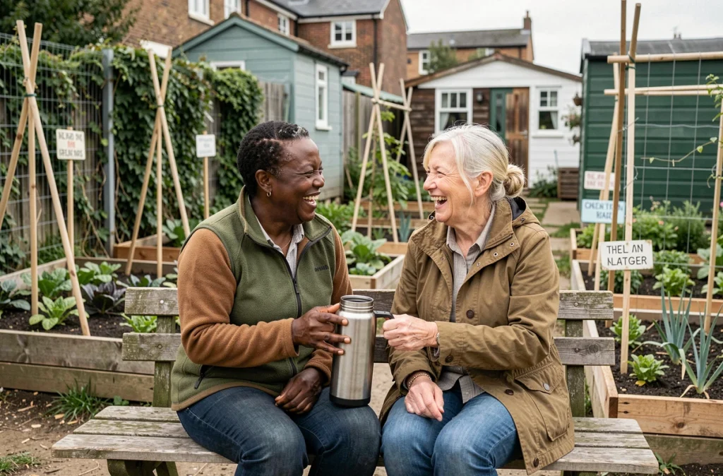 Deux femmes seniors jardinage collectif allotissement communauté amitié bien-être psychologique