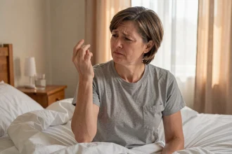 Femme au réveil secouant la main droite engourdie assise dans son lit, illustrant les fourmis dans la main au matin