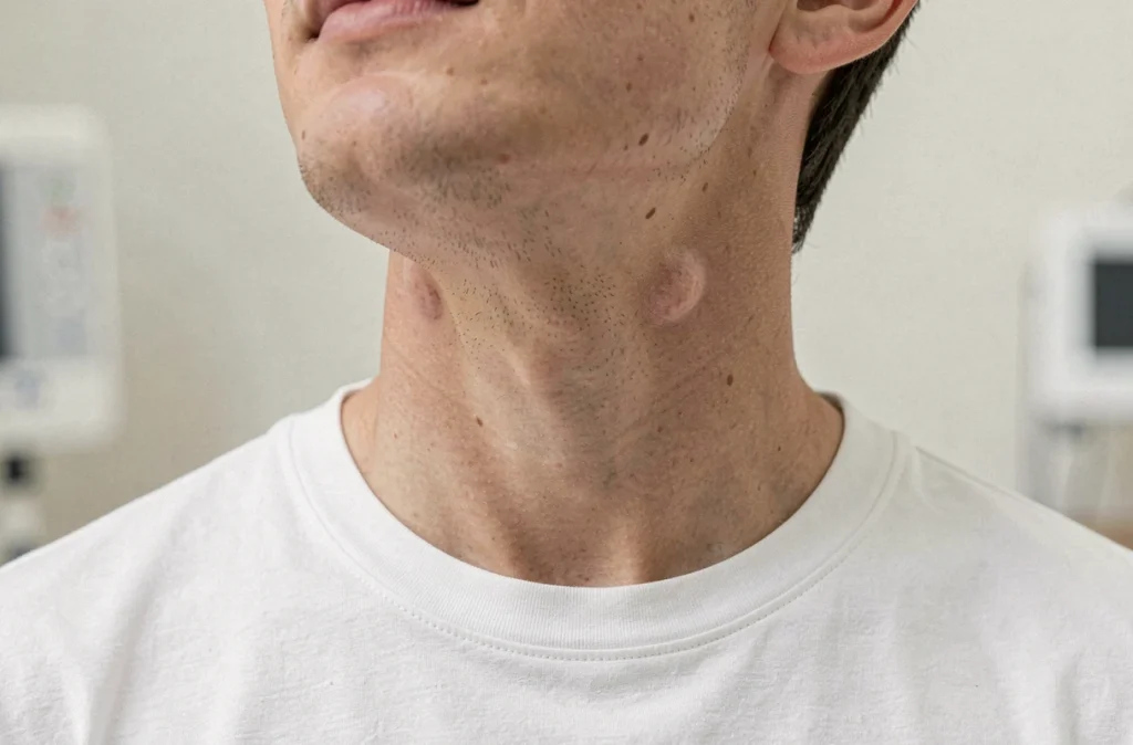 Gros plan sur des ganglions lymphatiques enflés dans le cou, symptôme courant de complications liées à la mononucléose