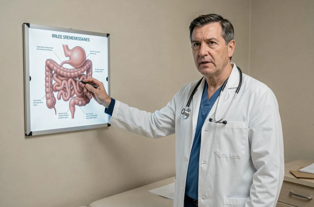 Gastroentérologue expliquant le fonctionnement de l'intestin grêle dans un cabinet médical pour illustrer la maladie cœliaque