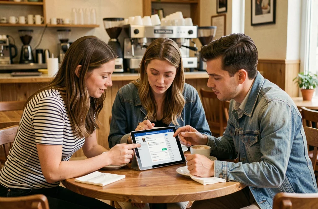 Groupe de personnes discutant d'avis en ligne sur une tablette dans un café