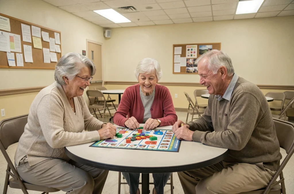 Groupe de seniors jouant à un jeu de mémoire ensemble dans une salle d'activités communautaire pour stimuler la concentration