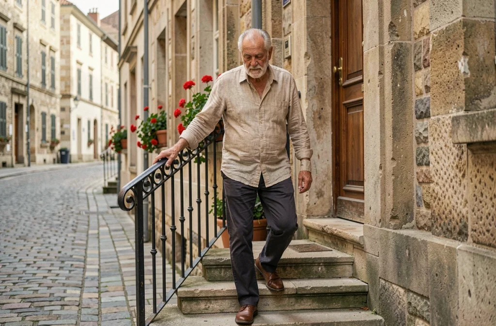 Homme âgé descendant prudemment des marches en pierre tenant une rambarde, symbole des risques de fractures liés à l'ostéoporose