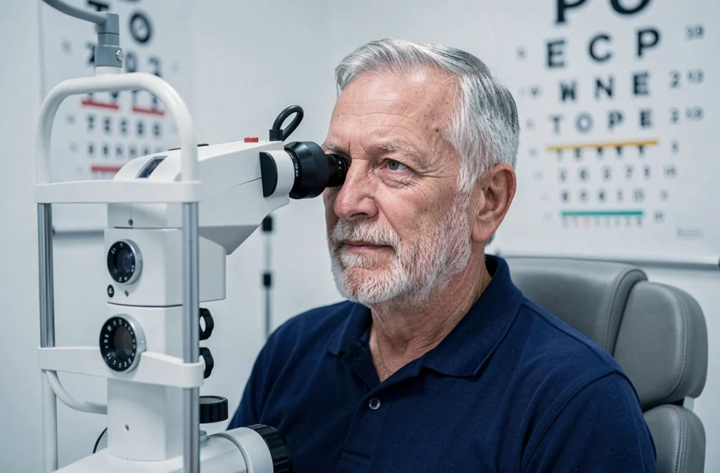 Homme âgé lors d'un examen ophtalmologique chez un opticien pour contrôler sa vue