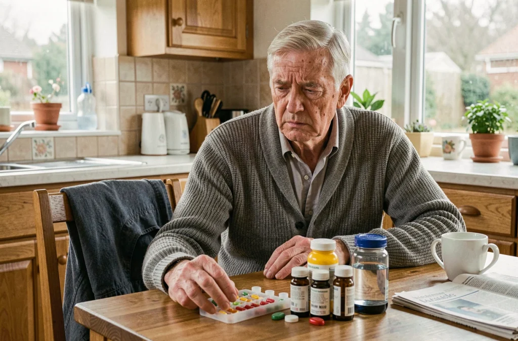 Homme âgé inquiet face à ses médicaments et un pilulier sur une table de cuisine, signaux d'alerte effets secondaires