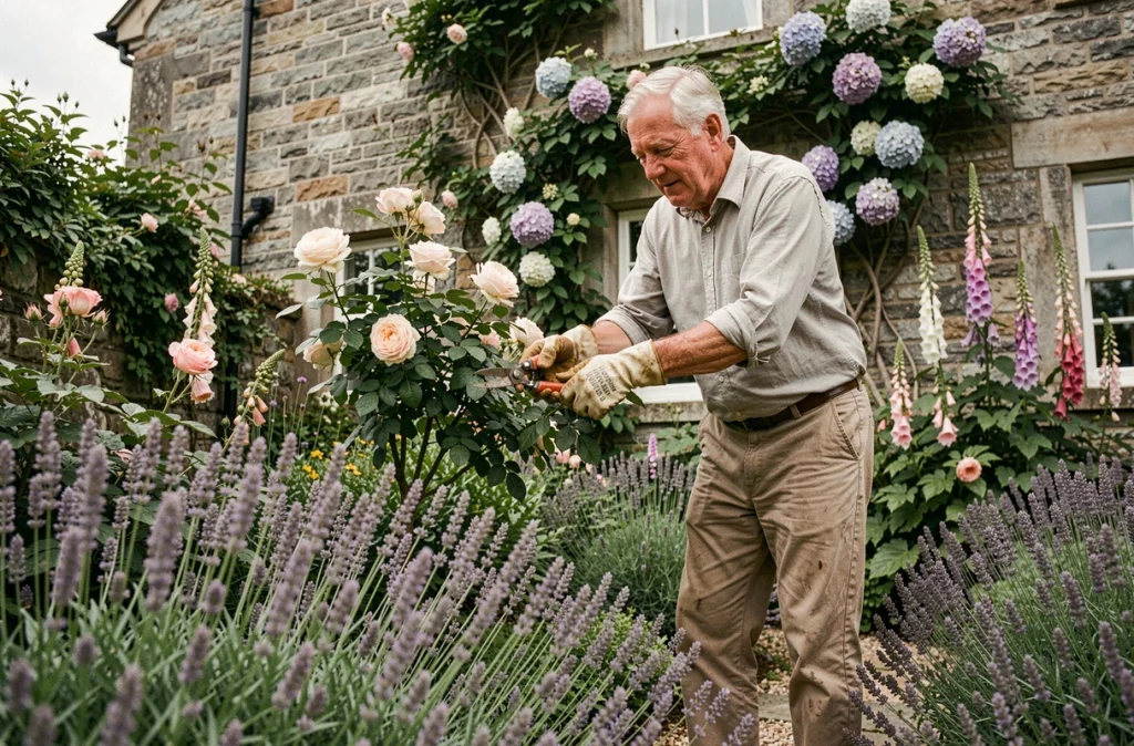 Homme âgé taille rosiers jardin anglais plein air bienfaits jardinage senior santé mentale