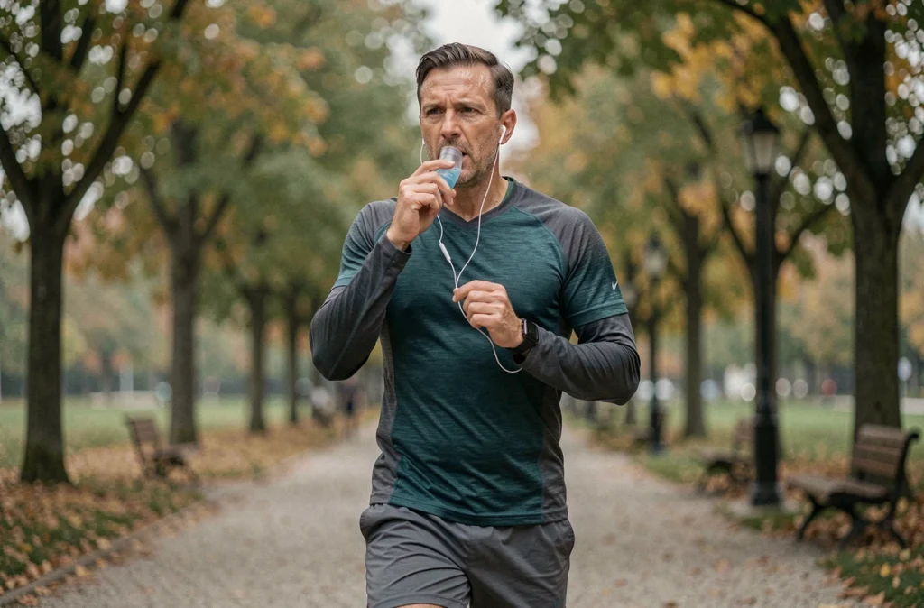 Homme adulte asthmatique utilisant un inhalateur pendant une séance de jogging dans un parc urbain