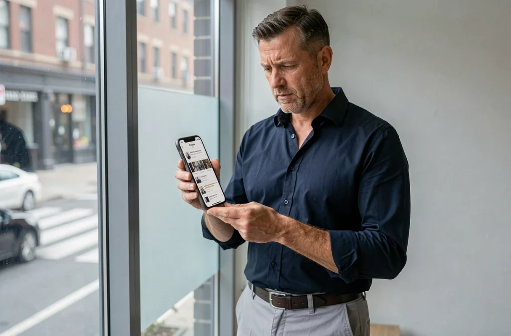 Homme consultant des avis clients sur son smartphone avec une expression analytique