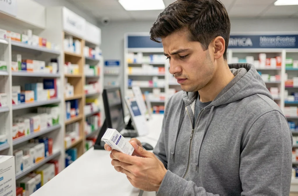 Jeune homme lisant la notice d'un médicament antihistaminique dans une pharmacie