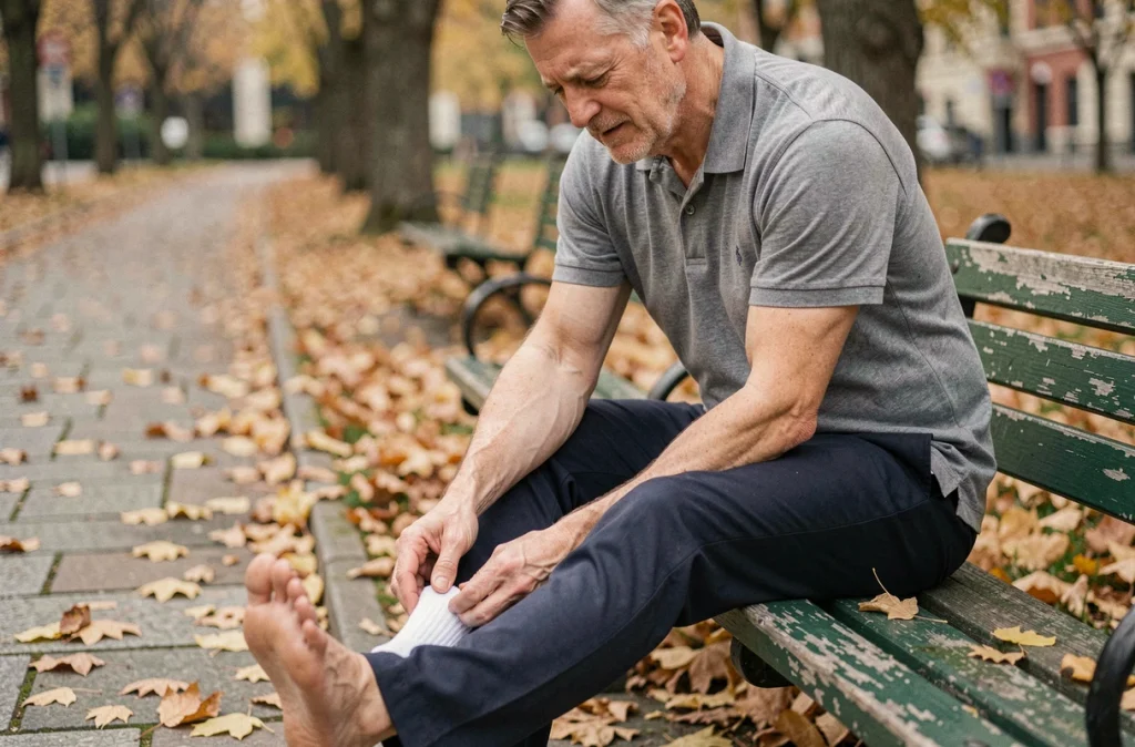 Homme en plein air frottant son pied sur un banc de parc pour soulager les fourmis dans les jambes