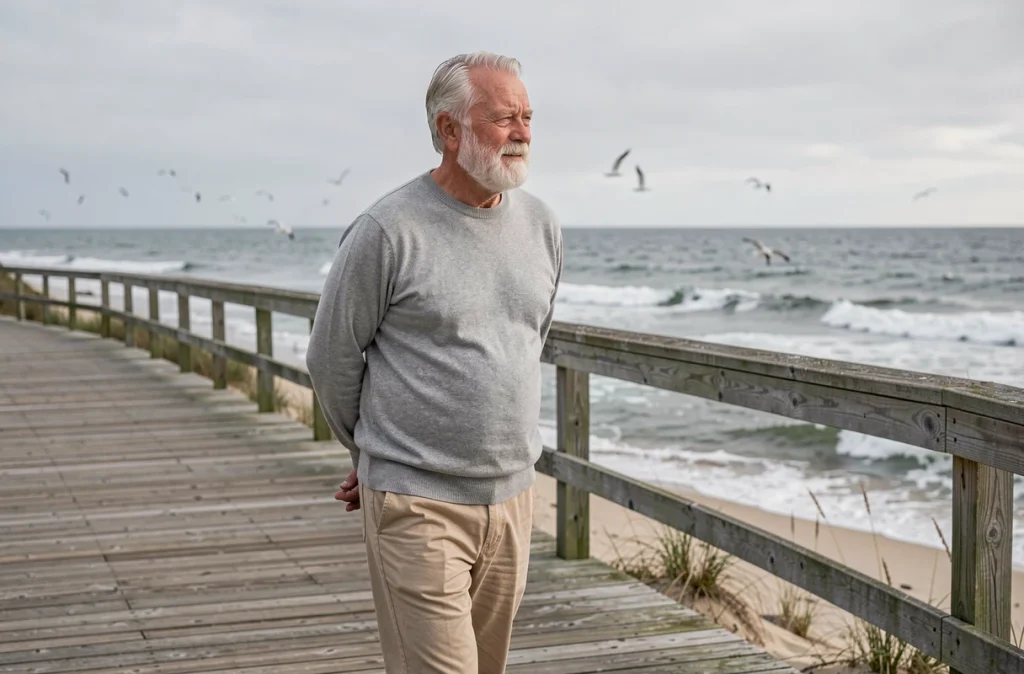Homme senior marchant sur un front de mer, bénéfices de la marche quotidienne après 70 ans pour la santé physique et mentale
