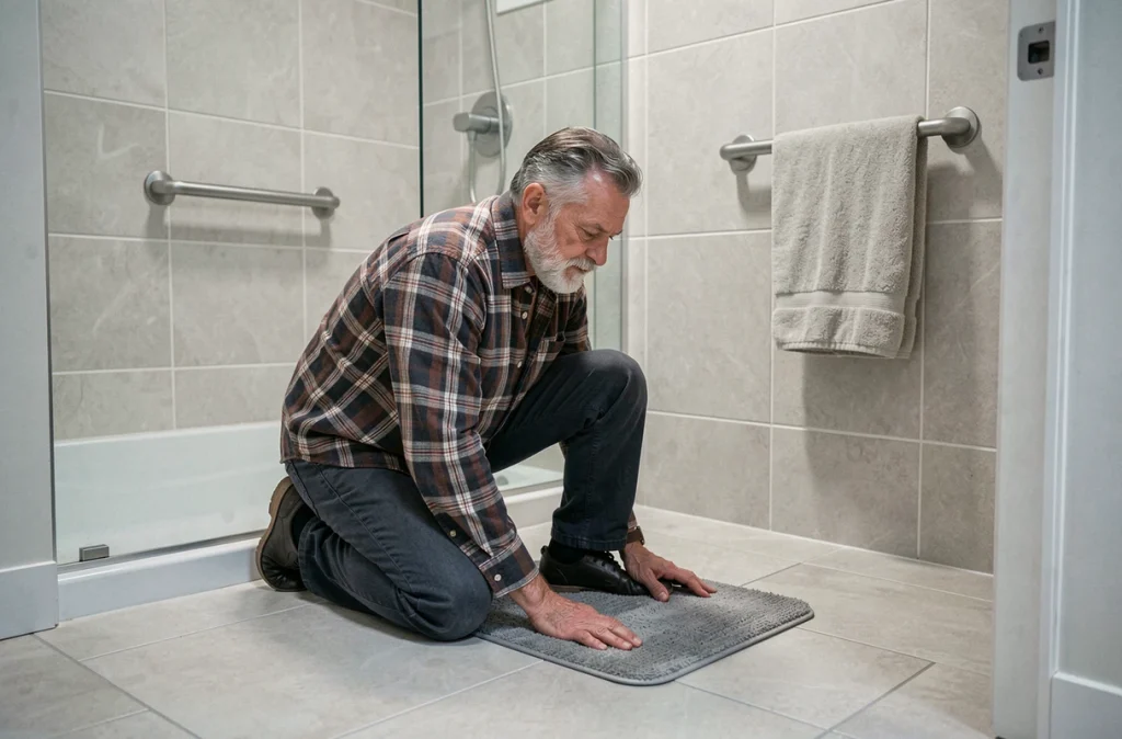Homme senior fixant un tapis antidérapant dans une salle de bain pour prévenir les chutes