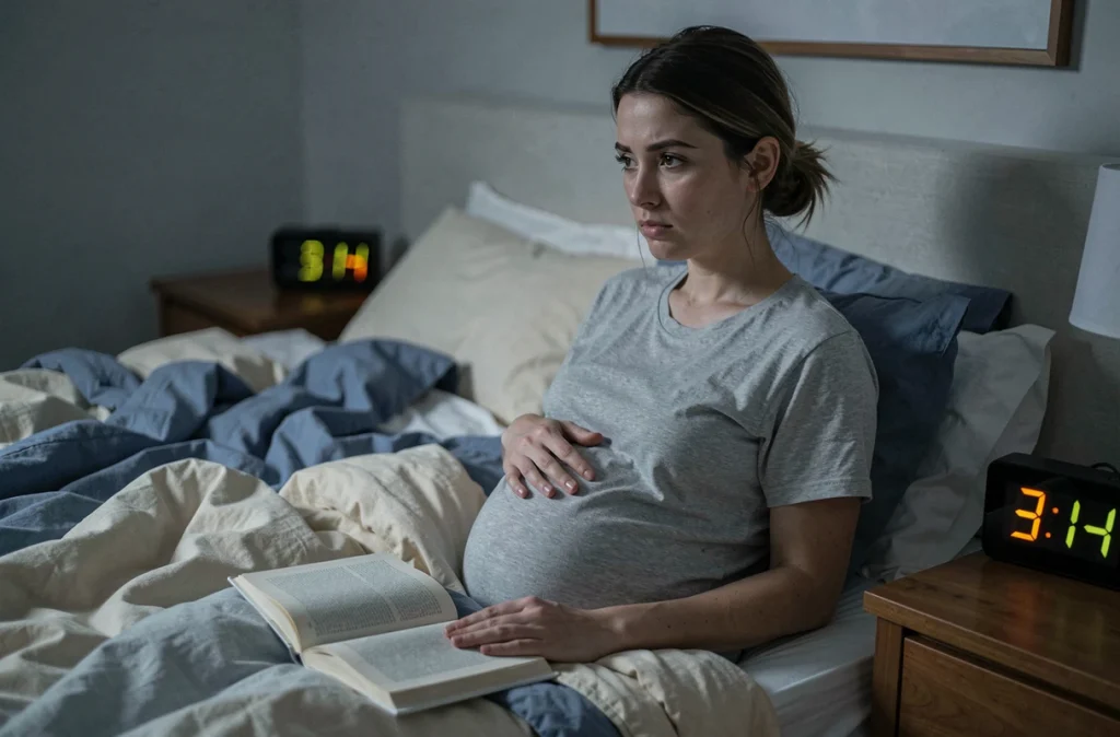 Femme enceinte réveillée la nuit tenant un livre, illustrant les troubles du sommeil au deuxième trimestre de grossesse