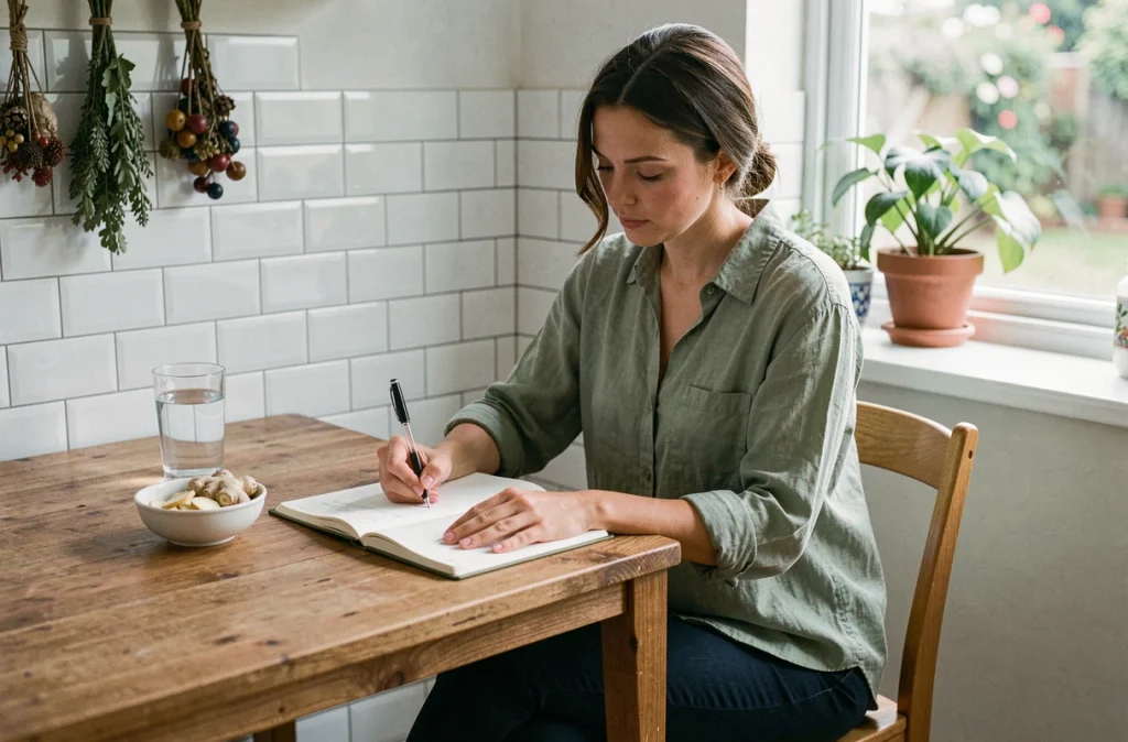 Femme enceinte au premier trimestre prenant des notes dans un journal de grossesse à une table de cuisine lumineuse avec du gingembre frais et un verre d'eau