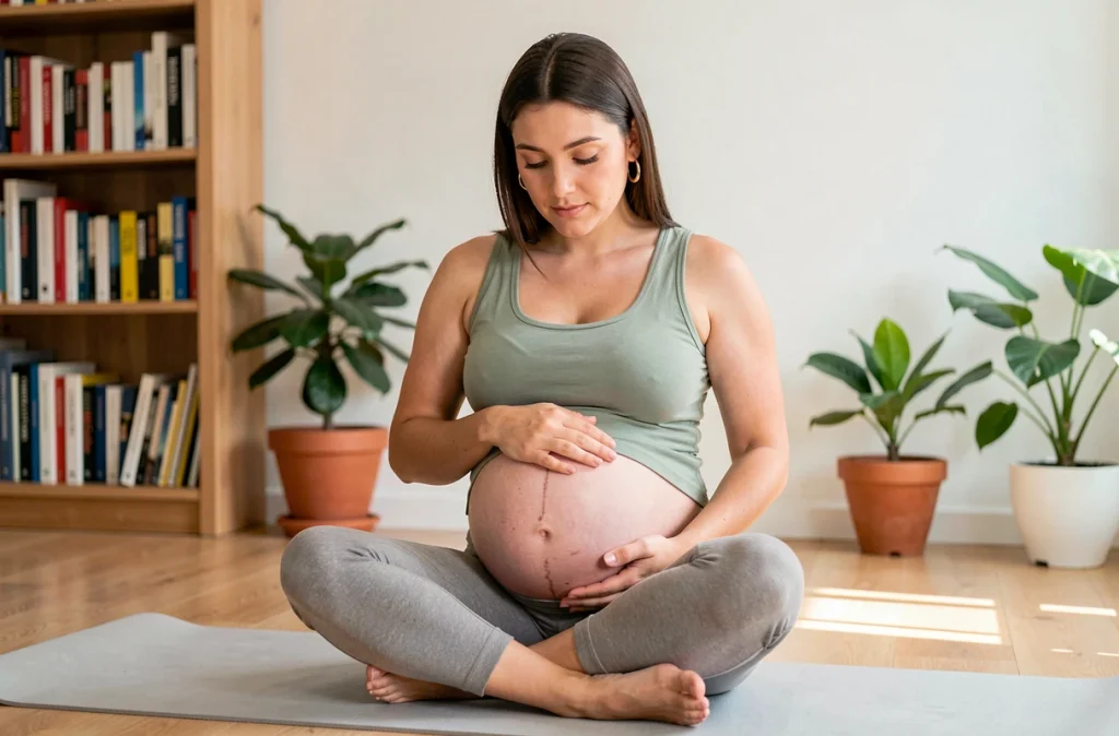 Femme enceinte assise sur un tapis de yoga observant la ligne brune sur son ventre dans un salon lumineux