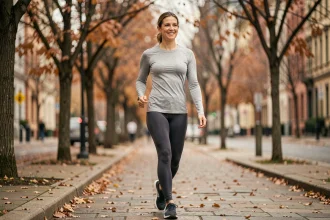 Femme marchant rapidement sur un trottoir en automne pour gérer son poids au quotidien