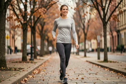 Femme marchant rapidement sur un trottoir en automne pour gérer son poids au quotidien