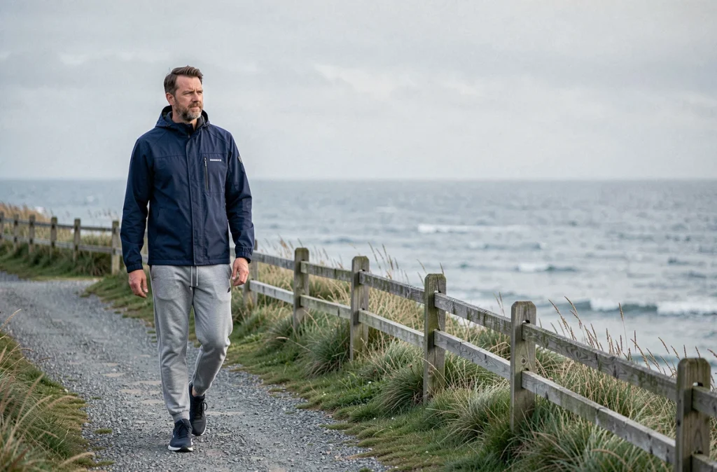 Homme en marche sur un sentier côtier, illustrant les bienfaits de la marche pour la gestion du poids