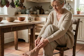 Femme âgée massant ses jambes pour soulager les fourmillements et la paresthésie, remède de grand-mère à domicile