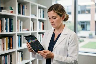 Endocrinologue examinant des données génomiques sur tablette numérique pour un traitement personnalisé du diabète