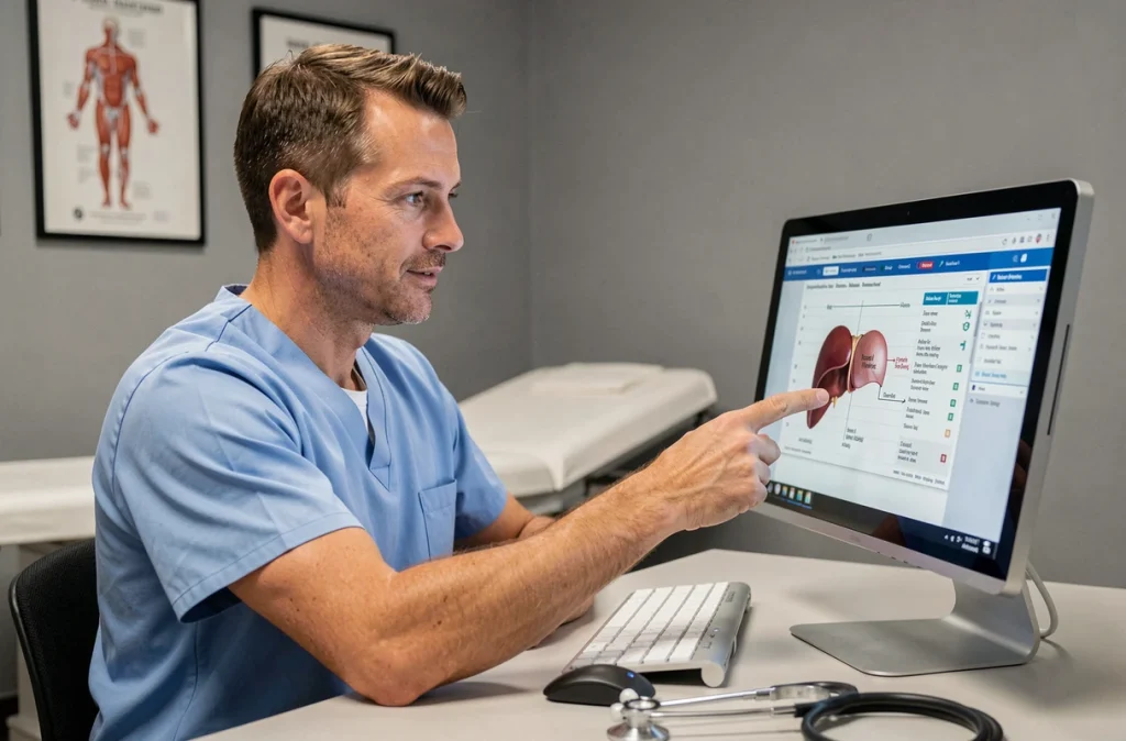 Médecin masculin expliquant un graphique de transaminases SGOT sur écran d'ordinateur lors d'une consultation médicale