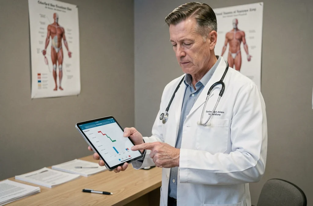 Médecin expliquant les marqueurs biologiques de la ferritine et du surpoids à l'aide d'une tablette médicale