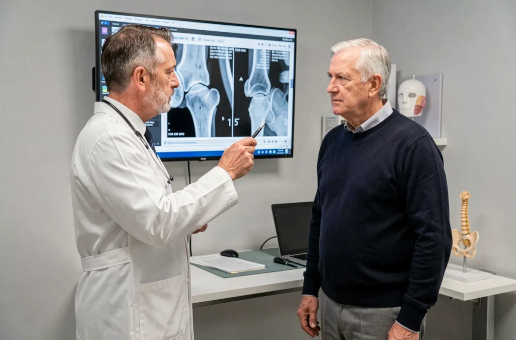 Médecin et patient senior examinant ensemble une densitométrie osseuse, illustration d'un diagnostic d'ostéoporose chez l'homme