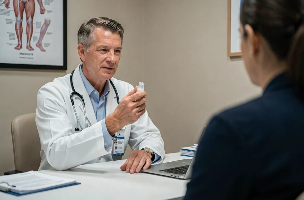 Médecin expliquant un traitement contre les allergies à un patient dans une clinique médicale moderne