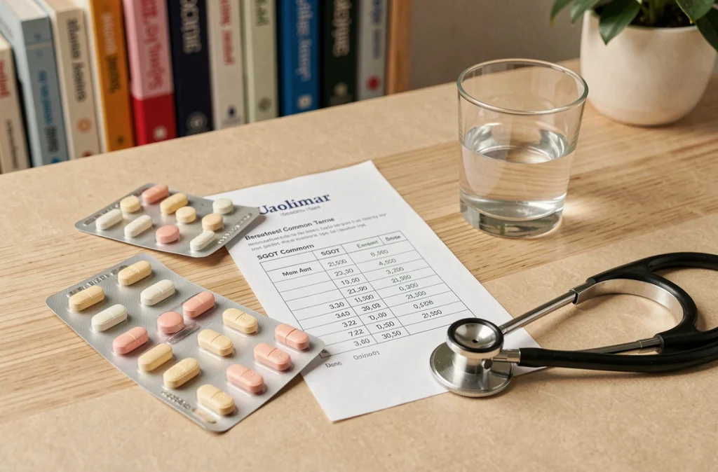 Gros plan sur des plaquettes de médicaments et un résultat d'analyse sanguine montrant les valeurs de transaminases SGOT sur une table médicale