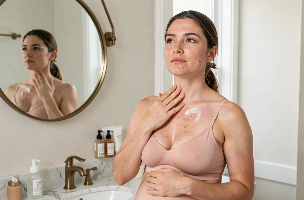 Femme enceinte appliquant une crème hydratante sur le cou avec des taches de mélasma visibles, devant un miroir de salle de bain