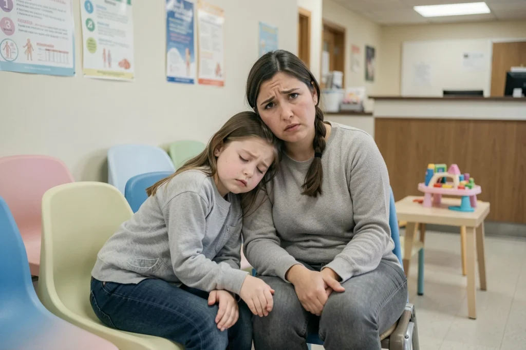 Mère et enfant dans une salle d'attente pédiatrique face à des symptômes de transaminases élevées