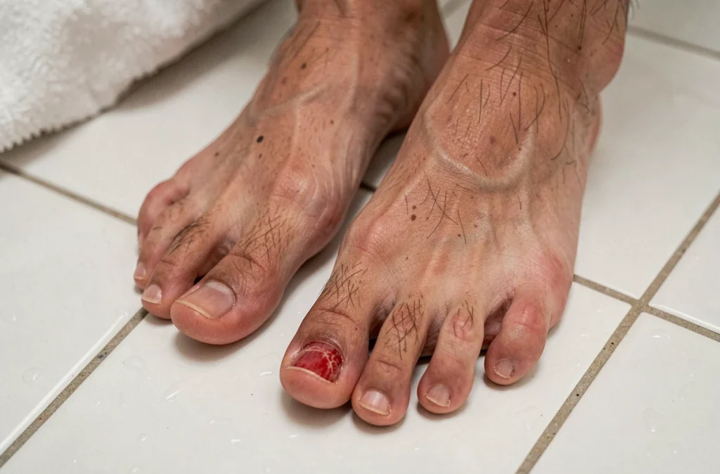Pied d'un homme adulte sur carrelage blanc avec un gros orteil dont l'ongle ne repousse plus, montrant une matrice unguéale atteinte et un lit unguéal à nu