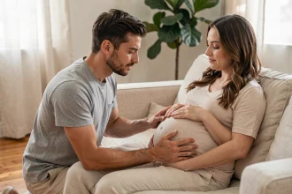 Futur père agenouillé posant les mains sur le ventre de sa partenaire enceinte dans un salon chaleureux