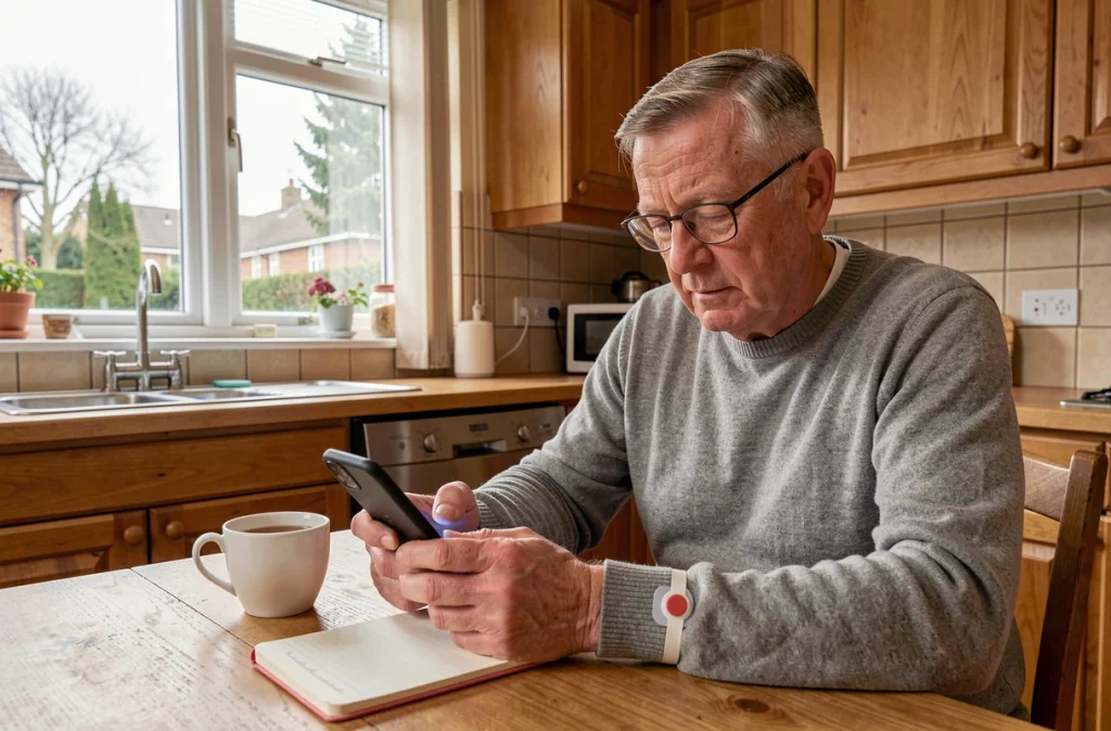 Patient diabétique âgé utilisant une application de surveillance du glucose en continu à domicile