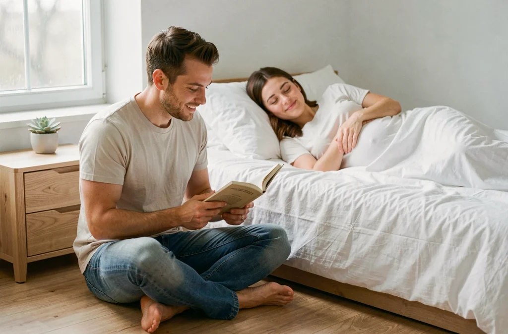 Futur père lisant un livre à voix haute à sa partenaire enceinte allongée dans une chambre paisible