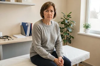 Femme d'âge mûr en consultation médicale pour perte de poids rapide et douleurs musculaires inexpliquées