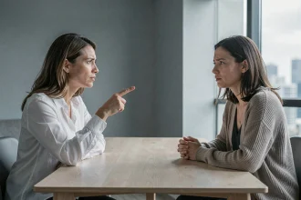 Femme narcissique pointant du doigt une autre femme confuse lors d'une confrontation tendue dans un appartement moderne, illustrant le gaslighting dans une relation toxique