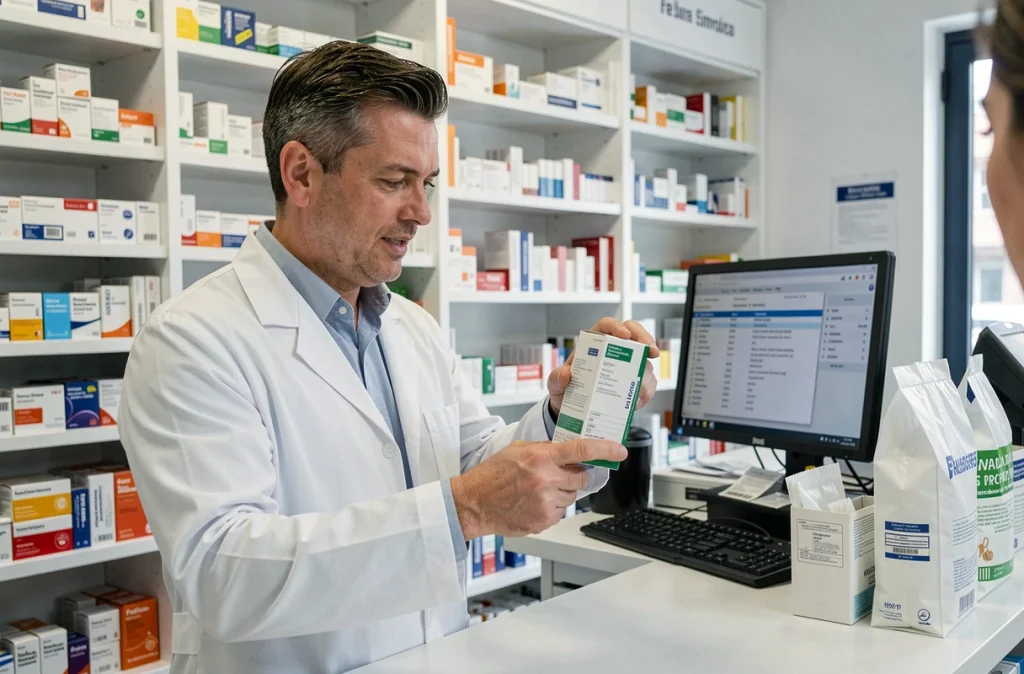 Pharmacien expliquant les effets indésirables d'un médicament derrière son comptoir en pharmacie